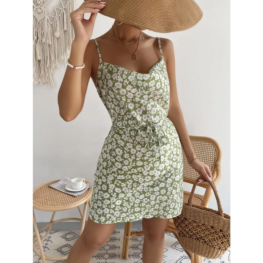 Boho Floral Print cowl neck Belted Cami Dress green - Picture 4 of 5